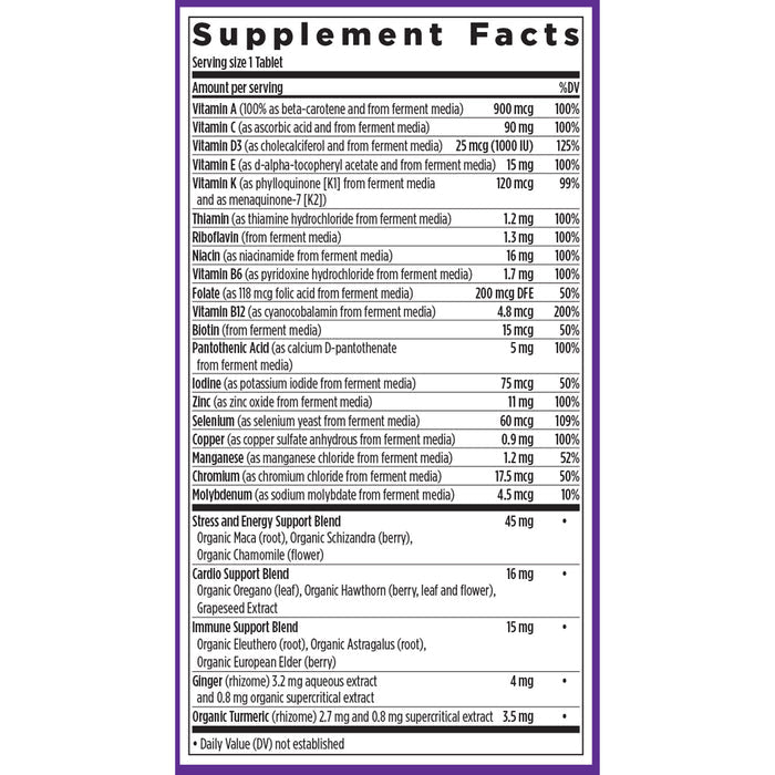 The Every Man™s One Daily Multivitamin by New Chapter offers a detailed supplement facts label, showcasing vitamins A, C, D, E, B vitamins, minerals, and a proprietary blend for immune support with amounts per serving and daily value percentages. It also includes organic ingredients.