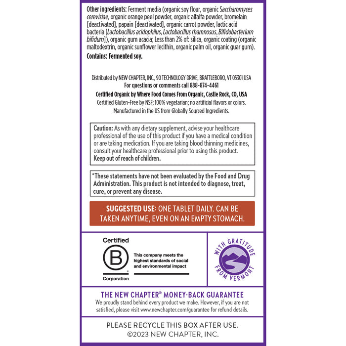 Packaging for Every Man™s One Daily Multivitamin by New Chapter features organic ingredients, safety warnings, and certifications. States one tablet may be taken anytime, even on an empty stomach. Recycle box after use. ©2023 New Chapter, Inc.