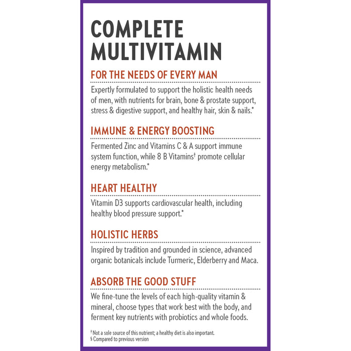 An infographic for New Chapters Every Man™s One Daily Multivitamin highlights its benefits: supports health needs, boosts immune function and energy, enhances heart health, includes holistic herbs and organic ingredients, and promotes gut health with probiotics and whole foods.