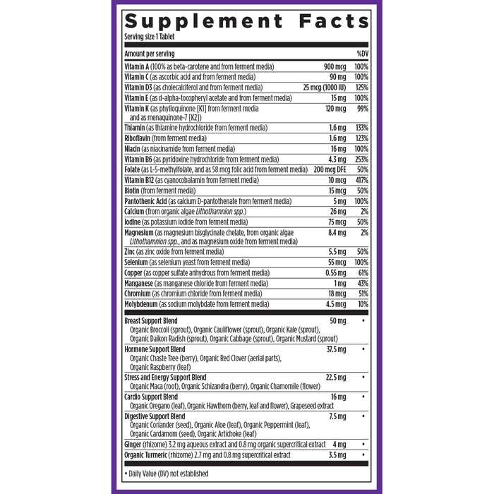 The Supplement Facts of New Chapters Every Woman™s One Daily 40+ Multivitamin highlights essential vitamins (A, C, D3, E, K), B-complex, calcium, magnesium, organic vegetable blends, and a proprietary blend for energy support.