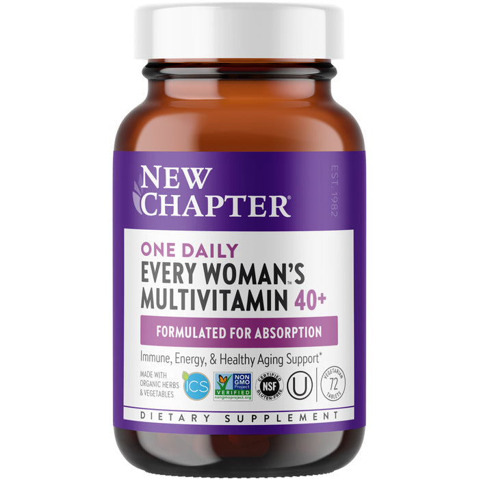 New Chapters Every Woman™s One Daily 40+ multivitamin, in a brown bottle with a purple and white label, supports immune health, energy, and healthy aging. It’s made with organic herbs and vegetables—ideal for women over 40.