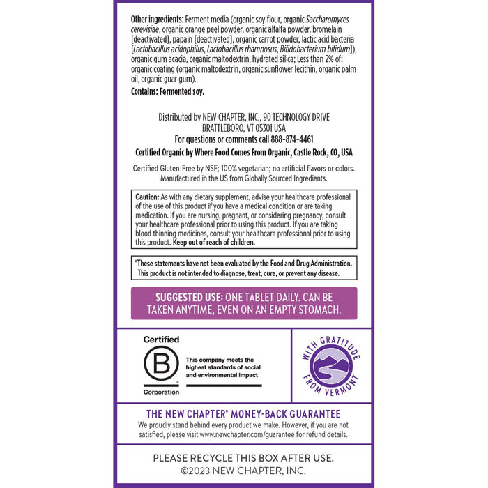 The Every Woman™s One Daily 40+ by New Chapter comes in a purple and white package, tailored for women over 40. Its gluten-free, certified organic, and non-GMO. Includes instructions, company details, a money-back guarantee, and encourages recycling to support sustainable energy.