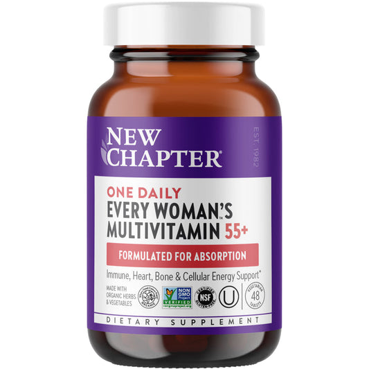 A brown bottle of New Chapters Every Womans One Daily 55+ Multivitamin boasts a purple label emphasizing its absorption and immune support formula. Ideal for healthy aging, it aids heart, bone, and cellular energy. Certification logos are displayed at the bottom.