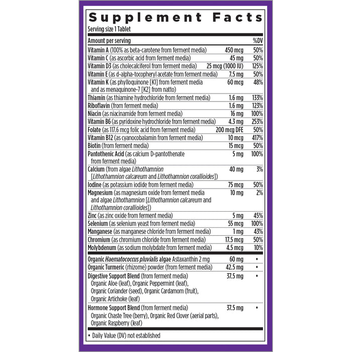 The New Chapter Every Womans One Daily 55+ Multivitamin supports cellular energy, heart, and immune health. It contains vitamins A, C, D2, E, K2, B1, B2, B6, and B12; biotin; folate; pantothenic acid; iodine; magnesium; selenium; manganese; molybdenum; iron plus spirulina and tart cherry.
