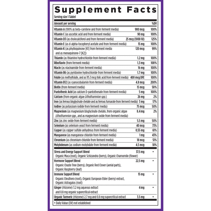 This image displays the Supplement Facts label of New Chapters Every Woman™s One Daily Multivitamin, bordered in purple. It includes vitamins A, C, D, E, K; B vitamins; calcium; zinc for immune support; selenium; copper; manganese from organic ingredients in proprietary blends. Serving size: 1 tablet.
