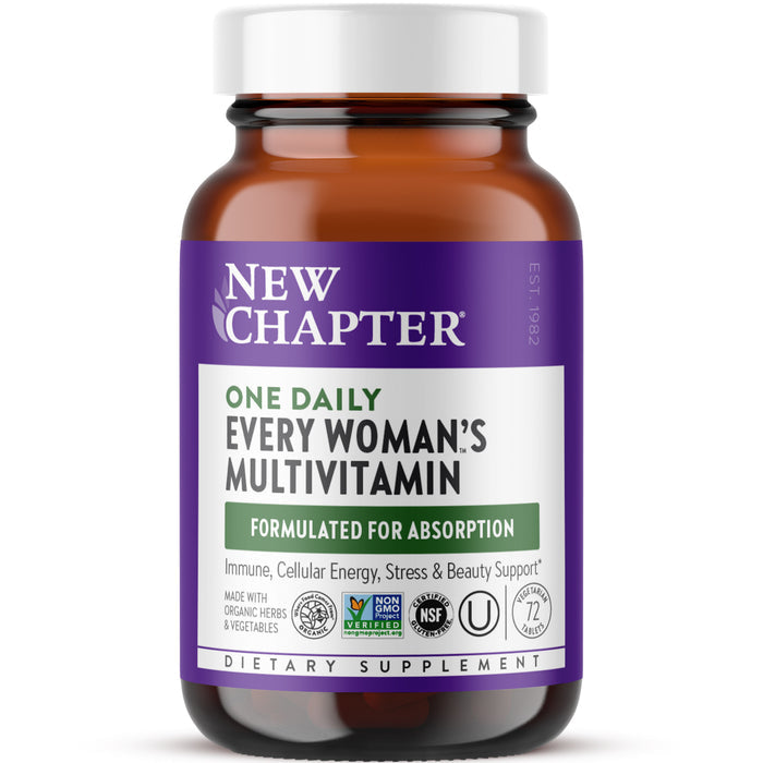A bottle of New Chapters Every Woman™s One Daily Multivitamin, with a purple label, formulated for absorption and immune support. It boosts energy, stress management, and beauty with probiotics and organic herbs. Various certification logos are prominently displayed.