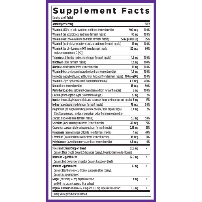 The supplement facts label of New Chapters Every Woman™s One Daily Multivitamin details vitamins A, C, D, E, B-complex; minerals like calcium and zinc; a super berry blend for immune support; and an organic tablet blend supporting energy, stress relief, and beauty.