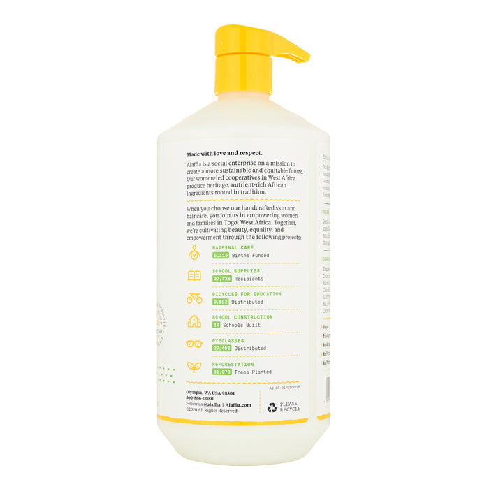 The white bottle with a yellow pump of Alaffias Everyday Coconut Conditioner features text on their social enterprise mission, highlighting birth funding and school construction projects in West Africa, along with colorful icons. It contains natural ingredients.