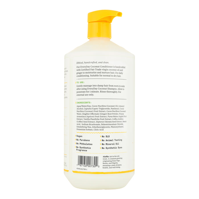 Alaffias Everyday Coconut Conditioner, with a yellow pump, uses natural ingredients for hydration. Its vegan formula is paraben-free, phthalate-free, SLS-free, synthetic fragrance-free, and not tested on animals.