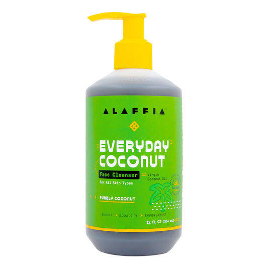 The Alaffia Everyday Coconut Face Cleanser is a plastic bottle with a yellow pump and green label, emphasizing its sulfate-free formula. It includes fair trade virgin coconut oil for all skin types, and icons for beauty, equality, and empowerment. The capacity is 12 fl oz.