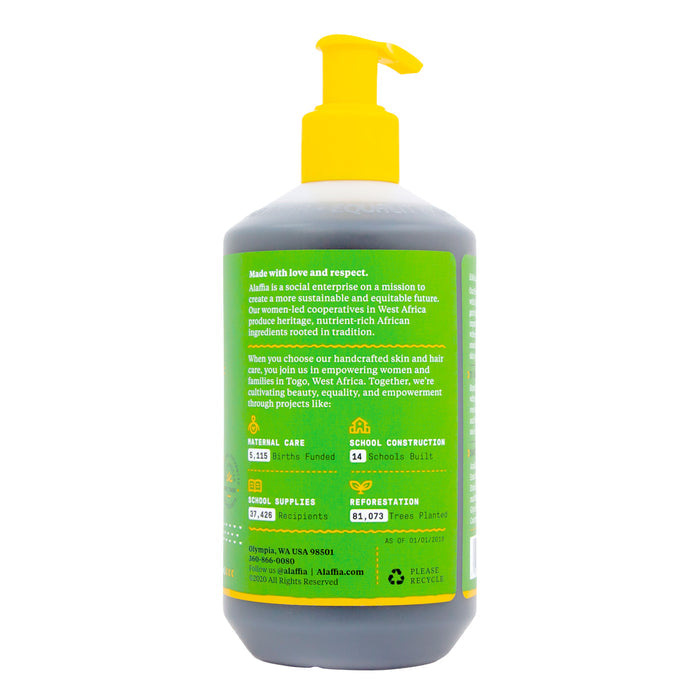 The green bottle with a yellow pump of Everyday Coconut Face Cleanser by Alaffia highlights the brands social enterprise mission. English labeling details impact metrics like school construction and reforestation in West Africa, emphasizing its sulfate-free and fair trade attributes.