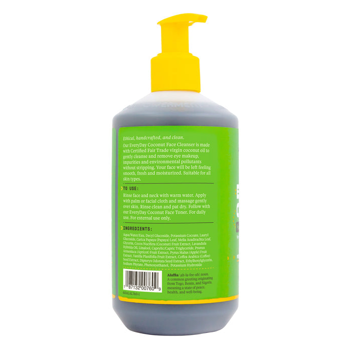 The sulfate-free Alaffia Everyday Coconut Face Cleanser comes in a green pump bottle with a yellow top, featuring white text and a barcode on the back. The label provides fair trade benefits, usage instructions, and ingredient details.