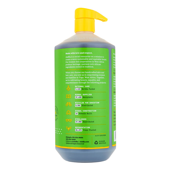 The Alaffia Everyday Coconut Shampoo comes in a large green bottle with a yellow pump, featuring ethically sourced ingredients. The label highlights charitable initiatives like funds raised and trees planted, with icons and detailed statistics showcasing its contributions.