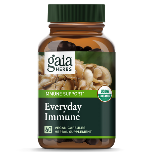 A bottle of Gaia Herbs Everyday Immune - Mushrooms & Herbs contains 60 vegan capsules. The label features Immune Support and USDA Organic, with the packaging displaying organic mushrooms to emphasize overall wellness.