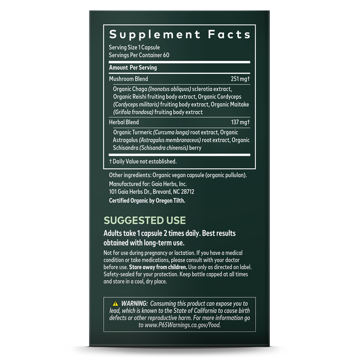 The image shows the supplement facts for Gaia Herbs Everyday Immune - Mushrooms & Herbs, featuring 251 mg Mushroom Blend and 137 mg Herbal Blend per capsule. Suggested use: one capsule twice daily for wellness. Includes a lead warning and a website link for more info.