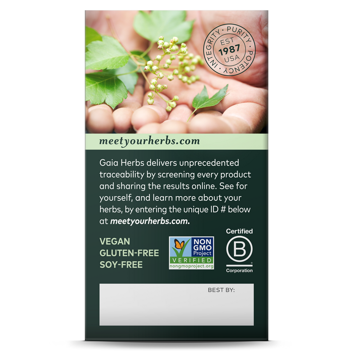 The Gaia Herbs Everyday Immune - Mushrooms & Herbs label highlights their website, traceability info, and certifications as vegan, gluten-free, soy-free, non-GMO, and B Corp. An image of a hand with herb sprigs emphasizes wellness and immune support.