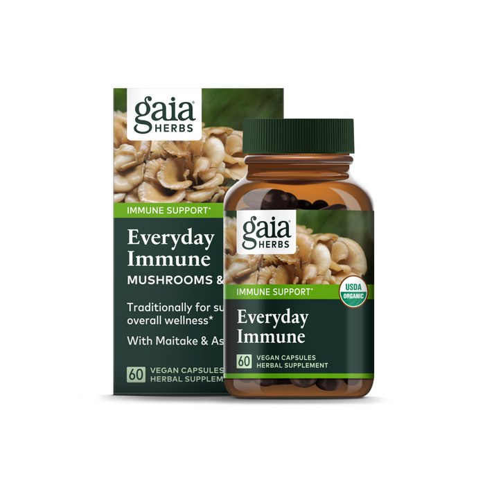 Gaia Herbs Everyday Immune - Mushrooms & Herbs comes in a bottle and box, featuring vegan capsules and USDA organic certification. It includes powerful ingredients like Maitake, Ashwagandha, and organic Cordyceps for daily immune support.