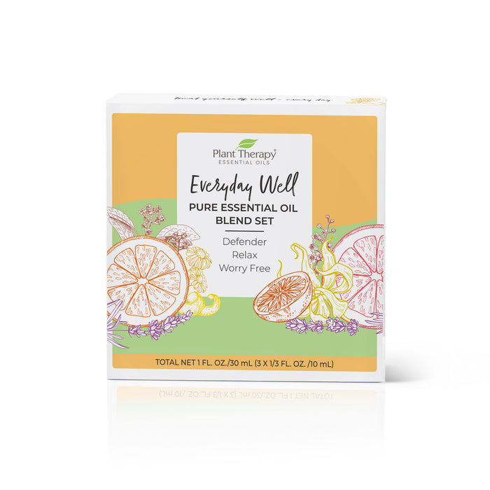 Box of Plant Therapys Everyday Well Pure Essential Oil Blend Trio featuring citrus and floral illustrations. Contains 3 blends: Defender, Relax, Worry Free for immune support and tranquility. Total net volume: 1 FL OZ (30 mL).