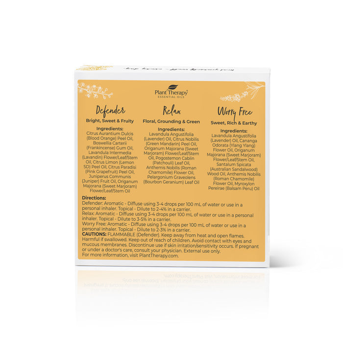 The Everyday Well Pure Essential Oil Blend Trio box features three blends: Defender, Relax, and Worry Free. Each blend promotes tranquility and includes use directions. The box is white with a yellow label and displays the Plant Therapy logo prominently at the top.