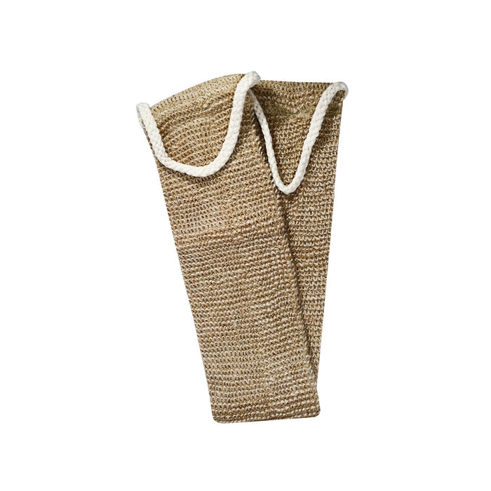 A beige woven jute bag with two white rope handles against a white backdrop showcases simplicity and elegance. Its tall, narrow shape suits carrying gifts or enhancing your bath routine essentials such as the EcoTools Exfoliating Back Scrubber.