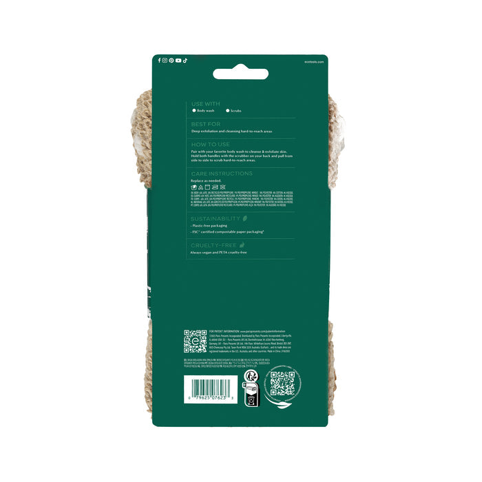 The image shows the back of an EcoTools Exfoliating Back Scrubber green package, detailing usage and care instructions, sustainability information, cruelty-free labeling, and a barcode at the bottom.