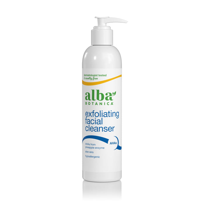 A white bottle of Alba Botanica Exfoliating Facial Cleanser with pump dispenser and green-blue text. This dermatologist-tested, cruelty-free cleanser contains AHAs to purify pores and promote a radiant complexion.