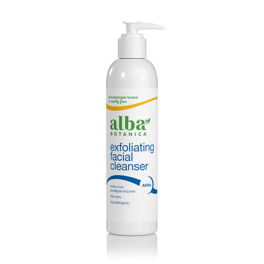 A white bottle of Alba Botanica Exfoliating Facial Cleanser with pump dispenser and green-blue text. This dermatologist-tested, cruelty-free cleanser contains AHAs to purify pores and promote a radiant complexion.