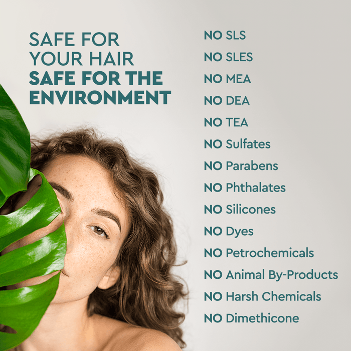 Curly-haired woman with a green leaf, highlighting Exfoliating Scalp Shampoo and clean ingredients. #common #style_citrus-mint