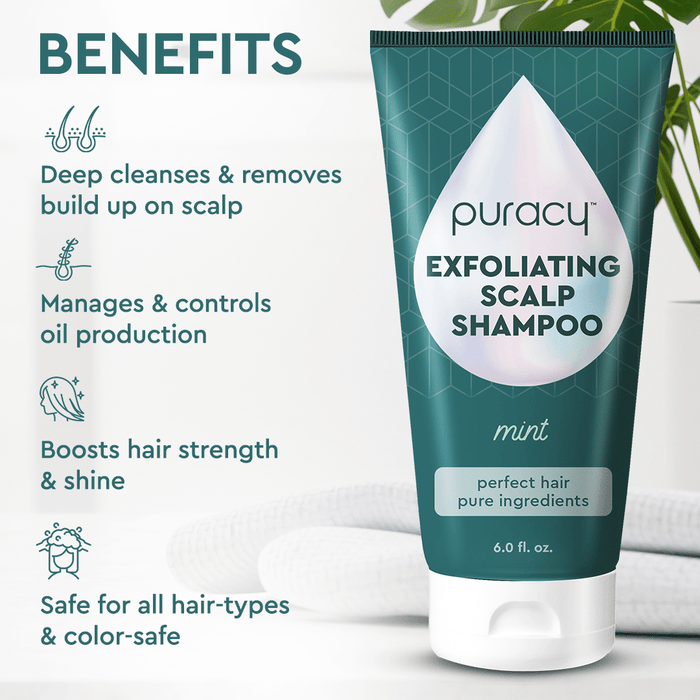 Exfoliating Scalp Shampoo for natural hair care, shown with key benefits and lush plant accents. #common #style_citrus-mint standard_#size