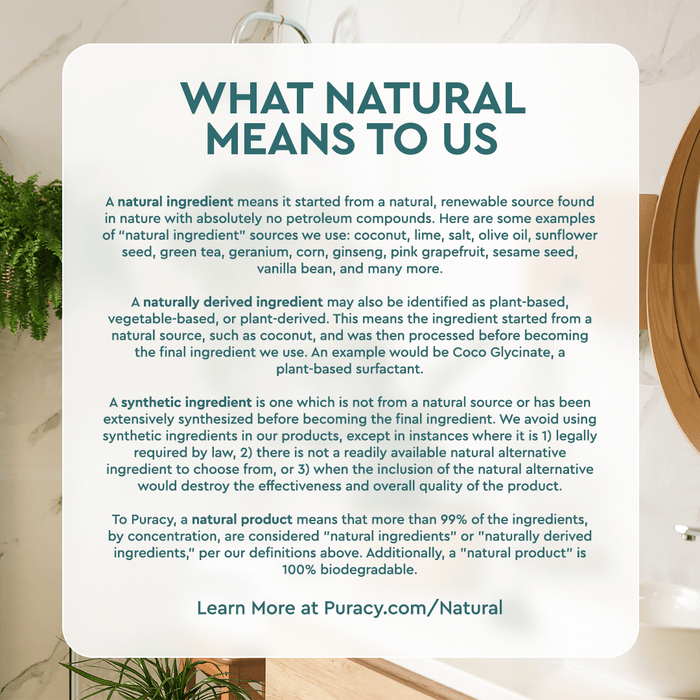 A sign explains what natural hair care and naturally derived ingredients mean for Exfoliating Scalp Shampoo. #common #style_citrus-mint