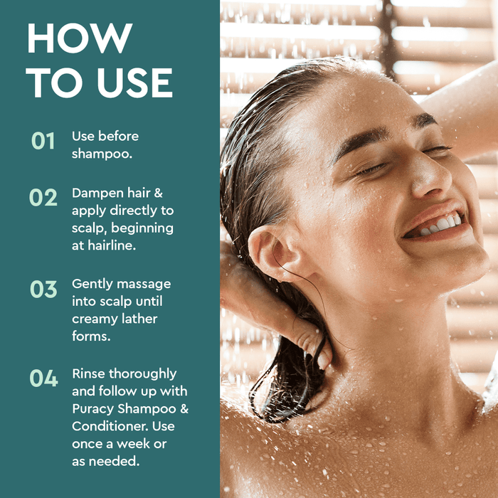 Woman smiling in the shower with wet hair, using Exfoliating Scalp Shampoo for healthy hair growth. #common #style_citrus-mint