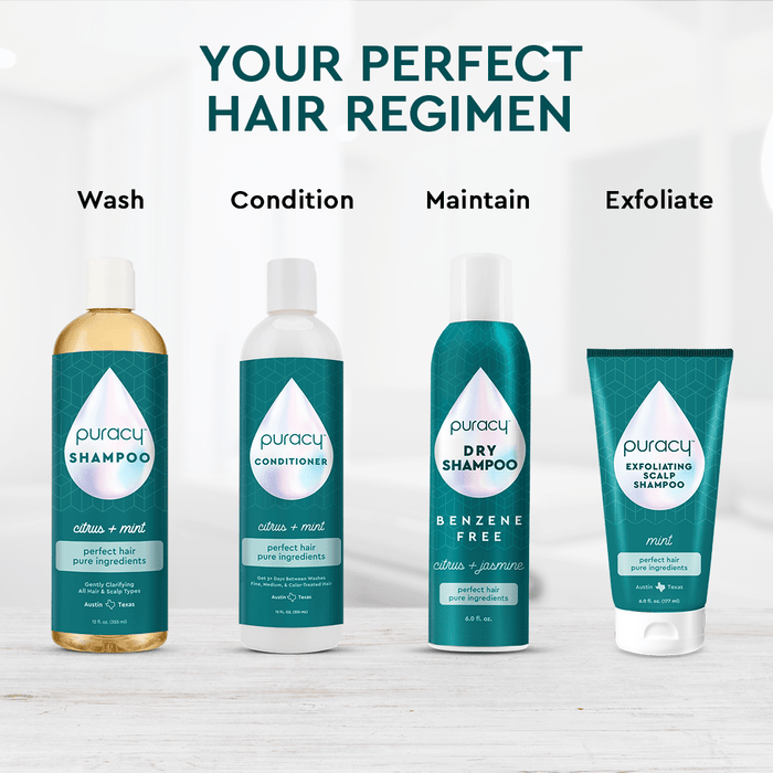 Puracy offers four natural hair care products: shampoo, conditioner, dry shampoo, and Exfoliating Scalp Shampoo. #common #style_citrus-mint