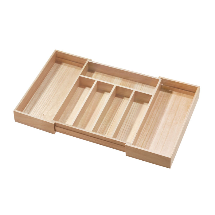 The iDesign Expandable Wood Cutlery Tray, made from renewable wood, features a natural light finish with multiple compartments, perfect for organizing utensils or small household items.