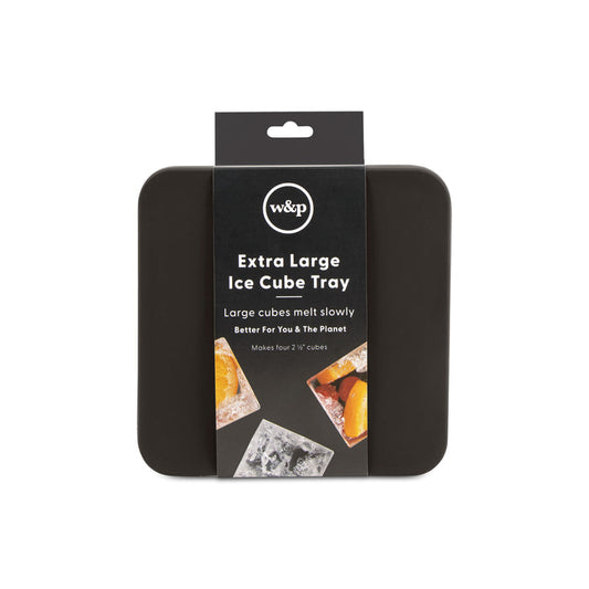 The W&P Extra Large Ice Cube Tray is a black square tray that creates four 2-inch slow-melting ice cubes, ideal for large fruit-infused drinks. The packaging highlights its eco-friendly benefits: Large cubes melt slowly, better for you & the planet.