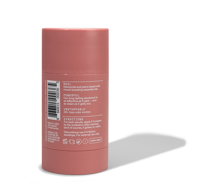 A pink cylindrical stick of Cleo & Coco Extra Strength Deodorant stands upright on a white background, featuring an aluminum-free label with odor-fighting ingredients, usage directions, barcode, and cruelty-free, vegan, and recycling symbols.