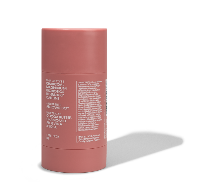 Cleo & Coco Extra Strength Deodorant: A pink cylindrical, aluminum-free stick with white text. Contains charcoal, magnesium, probiotics, elderberry, and caffeine. The cap is closed and the background is white.