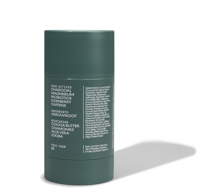 The Cleo & Coco Extra Strength Deodorant features a green cylindrical stick with white text, highlighting ingredients like activated charcoal, magnesium, probiotics, and elderberry. Labeled “free from BS,” it offers 24-hour protection.