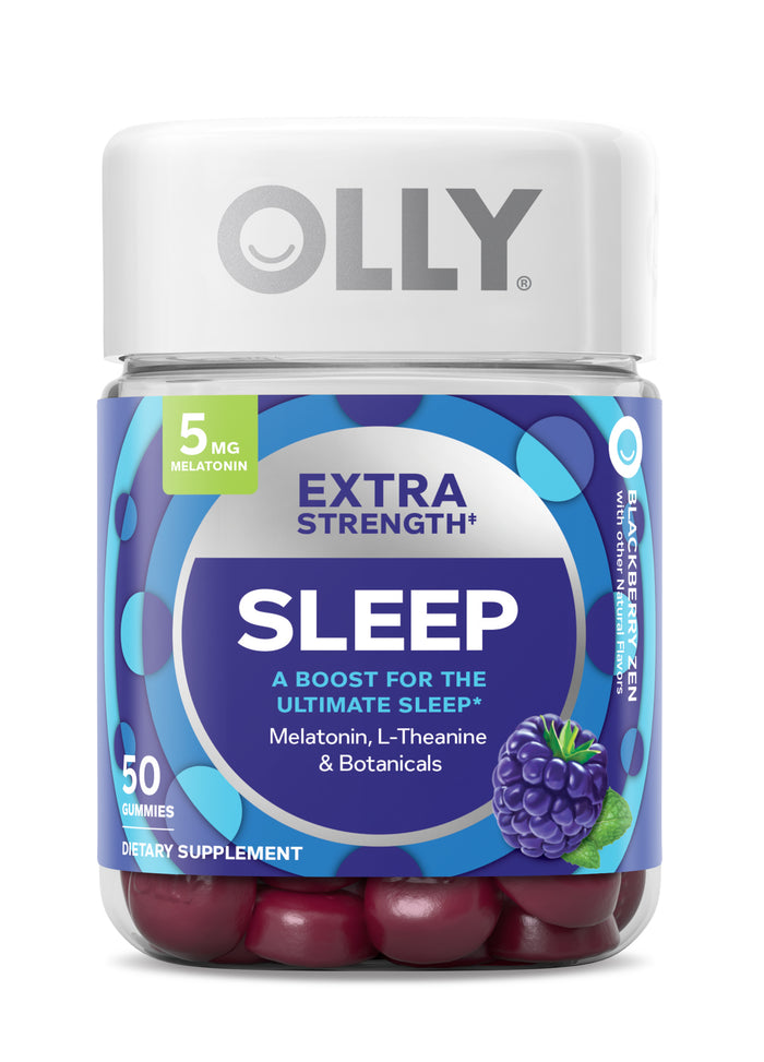 A container of OLLYs Extra Strength Sleep gummies, featuring a blackberry design, holds 50 gummies with 5 mg melatonin, L-Theanine, and botanicals to enhance sleep naturally.