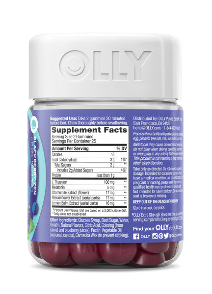 A bottle of OLLY Extra Strength Sleep melatonin gummies features a purple label with supplement facts and ingredients. The transparent bottle showcases the purple sleep gummies inside, and it includes instructions and contact info, emphasizing these natural sleep aids.