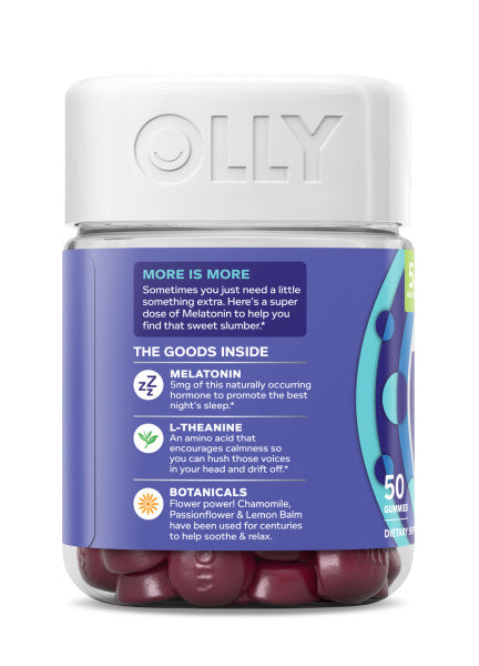 A clear plastic jar labeled OLLY Extra Strength Sleep holds 50 natural sleep aid gummies with melatonin, L-theanine, and botanicals like chamomile, passionflower, and lemon balm, highlighting restful sleep benefits.