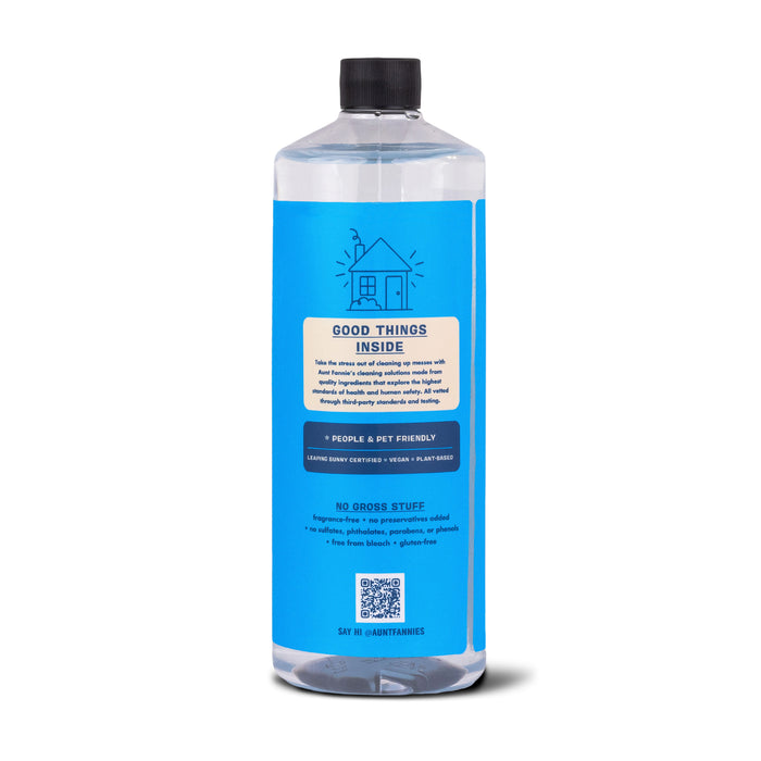 Aunt Fannies Extra Strength Vinegar: For Cleaning is contained in a clear bottle with a blue label featuring people & pet friendly and plant-based along with a house illustration. Its perfect for descaling and buildup removal, and comes with a screw-on cap to keep the clear liquid secure.
