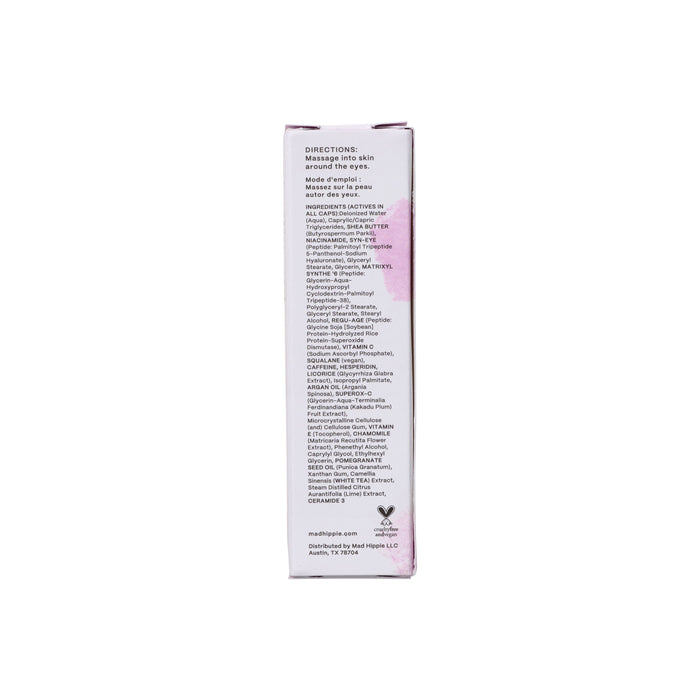 The image shows the side of a Mad Hippie Eye Cream box, displaying usage directions and an ingredients list with powerful peptides. The text appears in black on a white background, accented by a hint of pink design at the edge.