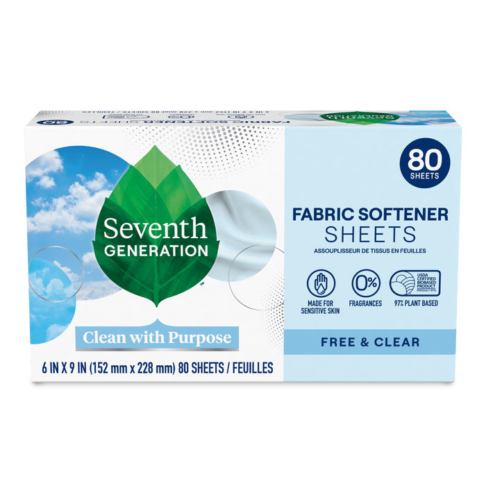 Seventh Generation Fabric Softener Sheets, Free & Clear, 80 count, feature plant-based ingredients and are fragrance-free for sensitive skin. Packaging displays a green leaf logo, blue sky, and icons highlighting these benefits.