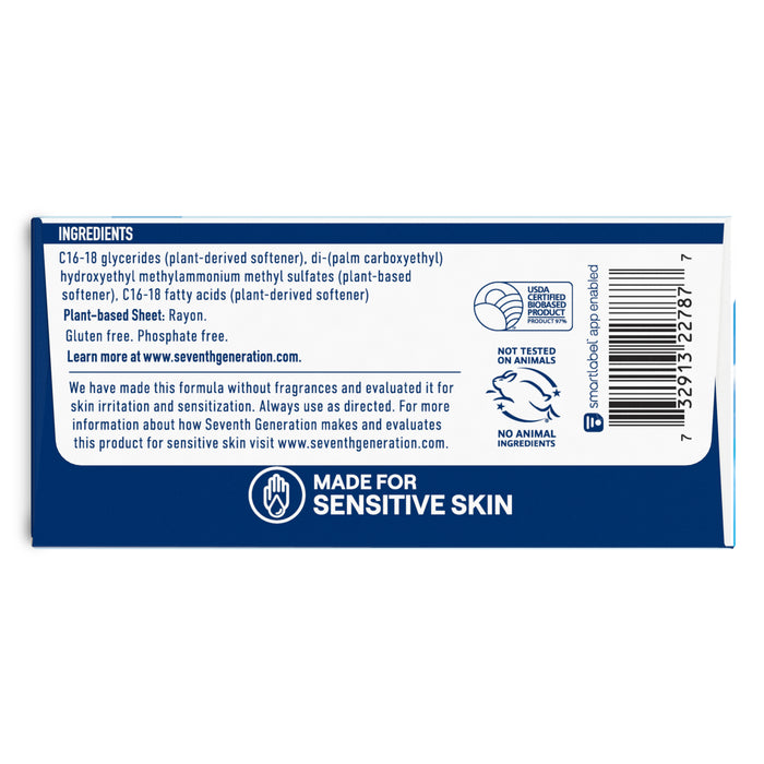 The back of the Seventh Generation Fabric Softener Sheets package lists plant-based ingredients, USDA Biobased certification, Not Tested on Animals claim, Made for Sensitive Skin, B Corporation status, a barcode, website, and more product details.