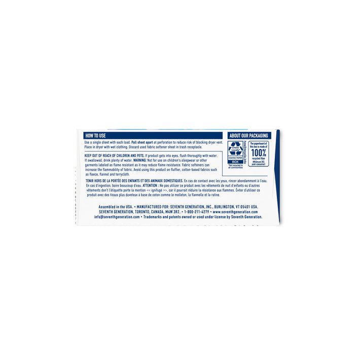 A product label for Seventh Generation Fabric Softener Sheets includes instructions, safety warnings, manufacturing and packaging info, highlights plant-based ingredients, 100% recycled packaging, and Certified B Corporation status.