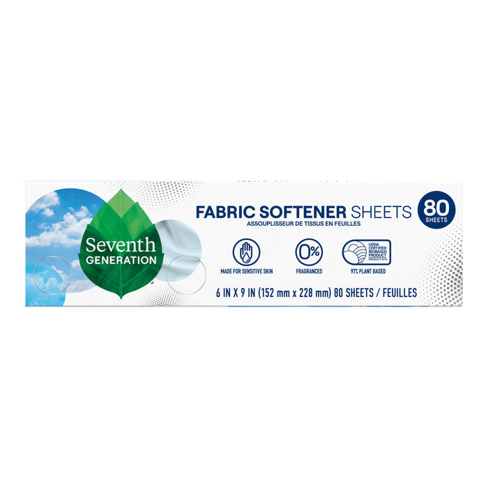Seventh Generation Fabric Softener Sheets, 80 count, come in packaging with a green leaf logo. They feature plant-based ingredients, are fragrance-free for sensitive skin, and certified as a B Corporation.