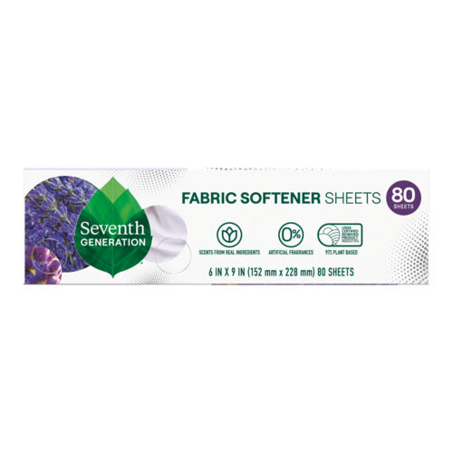 A box of Seventh Generation Fabric Softener Sheets, 80 count, with a leaf logo and purple flowers. Made with 97% plant-based ingredients, no artificial fragrances, and certified as a B Corporation for ethical standards.