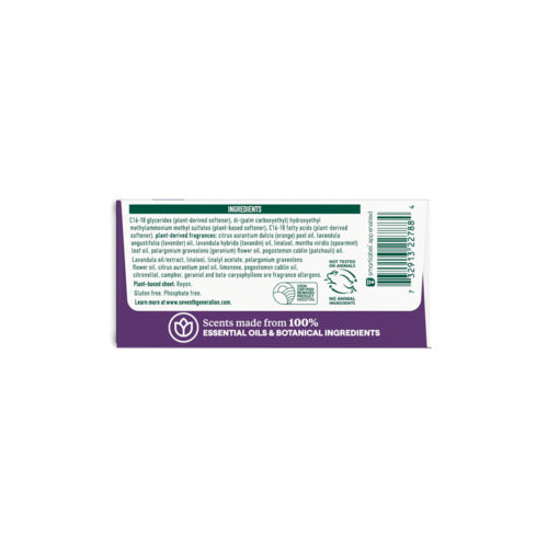 The back of a Seventh Generation Fabric Softener Sheets package lists ingredients and product details on a white and purple background, highlights plant-based ingredients, 100% essential oil scents, with a Certified B Corporation logo and barcode on the right.