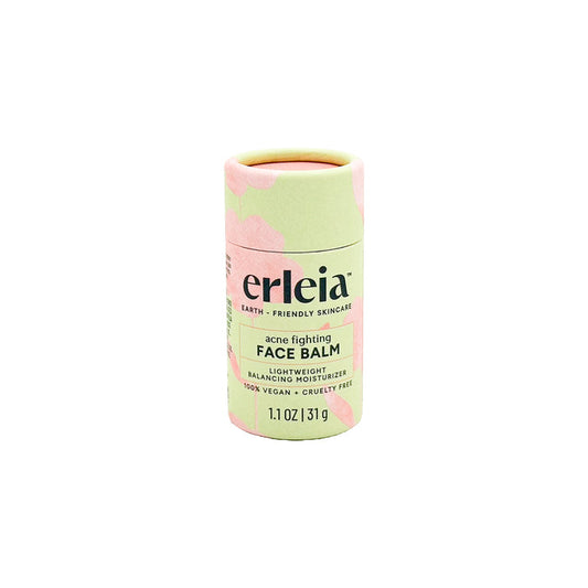The cylindrical tube of Erleias Face Balm - Acne Fighting features black text on pastel pink and green packaging. This 1.1 oz (31g) balm is 100% vegan, cruelty-free, and offers lightweight, balancing moisture.