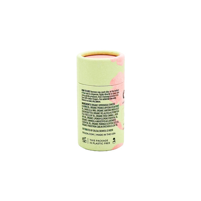 Erleias Face Balm - Acne Fighting comes in a cylindrical container with a floral pattern on green. It includes small printed ingredient text, is labeled vegan and cruelty-free, proudly plastic-free, and made in the USA.